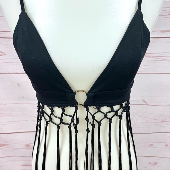 Plunging Neckline Boho Fringe Triangle Bikini Bralette Top - Picture 2 of 5
